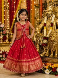 Wholesale Kids Girls Bollywood Ethnic <b>Lehenga</b> Choli Set Traditional <b>Red</b> Silk Pattu Pavadai Heavy Zari Border Winter Festive - Product Image 1