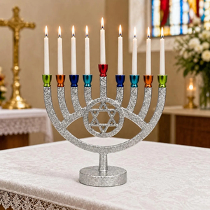 Metal Hanukkah Menorah 9 Branch Candlestick Holder Polished Finish Multicolored Tabletop Hanukkah <b>Decor</b> - Product Image 5