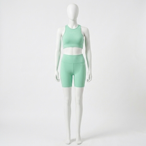 Women <b>Mint</b> <b>Green</b> Ribbed Crop Tank <b>Top</b> High Waist Biker Shorts Yoga Set Gym Fitness Workout Activewear Set - Product Image 2
