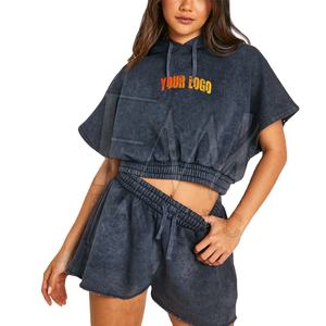 Conjuntos de Dos Piezas Casuales de Verano para Mujer, Tallas Grandes, Sudadera Corta con Forro, Diseño Liso Teñido, Opciones de Color Personalizadas, Precio Razonable - Product Image 1