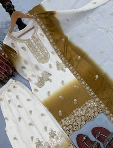 Ensemble Kurti et Palazzo Évasé en Georgette Blanc et Vert Olive, Tenue de Fête, Robe Ethnique Fantaisie Lourde pour Femme, Spécial Soirée - Product Image 1