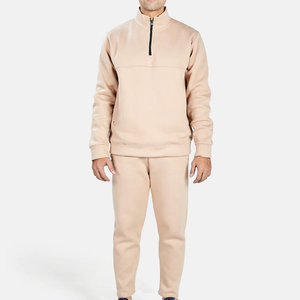 Ensemble de survêtement beige demi-zippé pour homme, manches longues, couleur unie, décontracté, respirant, en polyester mi-lourd, idéal pour l'automne - Product Image 1