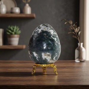 Mirani Agate Polished Natural Moss Agate <b>Egg</b> Figurine with Gold Stand Stone Ornament Home <b>Decor</b> Collectible From Gujarat - Product Image 2