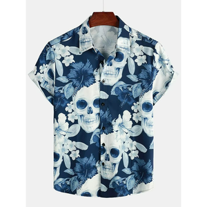 Chemise hawaïenne pour homme, imprimé floral crâne, manches courtes, boutonnée, décontractée, pour les vacances d'été - Product Image 1