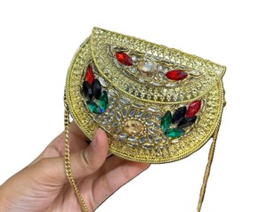 Fashion Women's Evening Clutch Shoulder HandBag Indian-style handbag Kundan Metal Clutch bags with stones and metal sling chain - Product Image 4