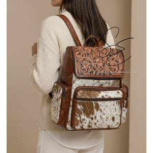 Jumbo Diaper Leather Bag Tooled Leather Hair On Hide Jumbo <b>Backpack</b> Western Cowhide <b>Backpack</b> Bag Rustic Travel Bag Moms Bag - Product Image 1