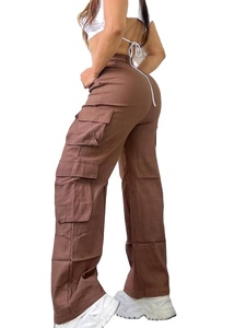 Pantalones de cintura alta, ropa de calle, pantalones Cargo de 6 bolsillos, pantalones Cargo de cintura alta de algodón 100% para mujer, pantalones Cargo de moda lisos para mujer - Product Image 4