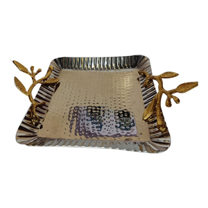 Elegante bandeja rectangular de metal con hojas doradas y acabado plateado martillado, con asas doradas y plateadas, para decoración del hogar. - Product Image 2
