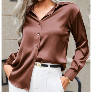 Camisa de satén para mujer con botones, manga larga, tacto seda, blusa de oficina, ajuste holgado informal, top de negocios con cuello - Product Image 4