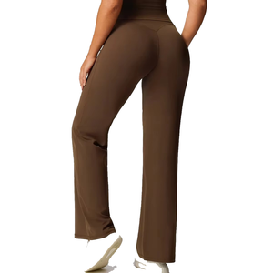High Waist <b>Flared</b> Leg Yoga <b>Leggings</b> Full Length Solid Color Spandex Polyester Four-Way Stretch Women's Fitness Pants - Product Image 2