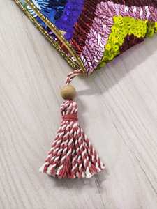Woven Square Decorative Tassel <b>Pillow</b> With Pink And White Striped Tassel And Wooden Bead For Indoor Home <b>Decor</b> - Product Image 3