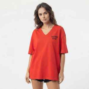 <b>Women's</b> Red <b>V</b>-<b>Neck</b> Short Sleeve <b>T</b>-<b>Shirt</b> Loose Fit 100% Cotton Casual Jersey Print Logo Top Spring Summer - Product Image 1