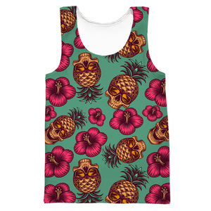 Camiseta sin mangas con estampado floral de calaveras de piña para hombre, cuello redondo, informal, transpirable, diseño estampado verde y rosa - Product Image 1