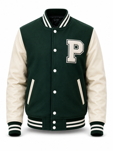 Men's Green Varsity <b>Jacket</b> for Wool Sleeves Embroidered P Letter Front Button Closure <b>Patchwork</b> Streetwear Winter Wear - Product Image 1