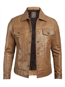 <b>Mens</b> Camel Brown <b>Trucker</b> Leather <b>Jacket</b> - Product Image 1