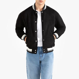 <b>Men's</b> Black <b>Suede</b> Varsity <b>Jacket</b> Turn-down Collar Regular Fit Single Breasted Solid Color Autumn Wear - Product Image 5