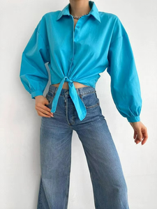 Blusa de Verano para Mujer, de Poliéster Tejido, Manga Corta, Cuello Camisero, Casual, Holgada, con Botones al Frente, Lisa, de Color Sólido - Product Image 5