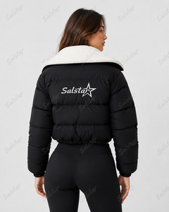 Blouson court matelassé noir pour femme avec capuche en sherpa, doudoune matelassée personnalisée pour l'hiver, manteau court matelassé pour femme OEM/ODM - Product Image 2