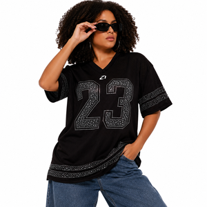 Trendy Custom Plus Size Number Rhinestone Mesh American Football Jersey Women Oversized V Neck Streetwear Sports <b>Top</b> OEM Supply - Product Image 1