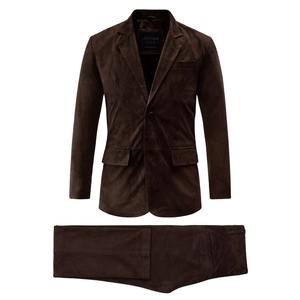 Traje de Dos Piezas de Gamuza Marrón para Hombre, Estilo Leath Cult, Blazer de Solapa con Muescas y Cierre de un Solo Botón - Product Image 1
