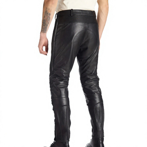 <b>Men's</b> Black <b>Leather</b> Moto Biker <b>Pants</b> High Waist Straight Fit With Side Pockets Button Fly Heavyweight Autumn Style - Product Image 2