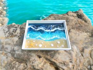 Bandeja de Resina con Diseño de Playa, Bandeja para Servir con Ondas del Océano, Estrellas de Mar y Conchas Marinas, Decoración Costera - Product Image 2