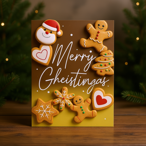 Tarjeta de felicitación navideña de papel con diseño de hombre de jengibre, estampado dorado y diseño tradicional - Product Image 3