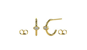 Boucles d'oreilles créoles minimalistes en or 18 carats avec diamants taille marquise, clous d'oreilles, bijoux fins pour femmes - Product Image 1
