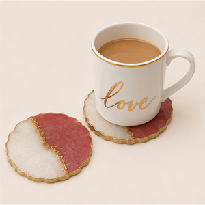 Ensemble de sous-verres en résine style agate rose et blanche faits à la main, sous-verres en époxy de luxe avec bord doré, sous-verres personnalisés résistants à la chaleur, vaisselle de table - Product Image 3
