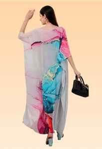 Robe kaftan courte pour femme – Bleu pastel avec imprimé floral abstrait coloré, coupe ample, style tunique. - Product Image 4