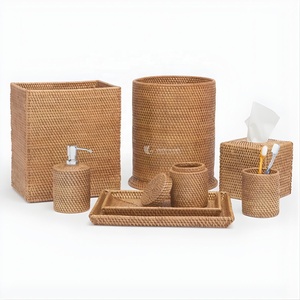 Juego de Organización para Baño de Ratán, Caja de Almacenamiento Plegable, Cubo de Basura y Bandeja con Detalles en Acero Inoxidable, Venta al por Mayor - Product Image 4