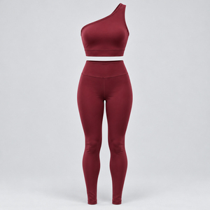 <b>Burgundy</b> One Shoulder Sports Bra Leggings Set Women Asymmetric <b>Crop</b> <b>Top</b> High Rise Yoga Fitness Outfit Trendy Gym Clothing OEM - Product Image 2