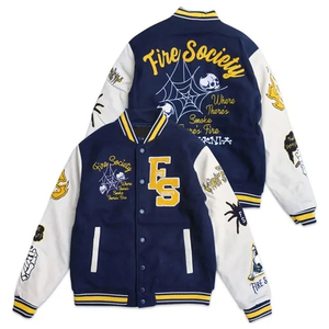 Chaqueta Varsity Azul de Lana Personalizada para Hombre con Mangas de Cuero, Parche de la Sociedad Contra Incendios, Estilo Urbano, Chaqueta de Béisbol Letterman Vintage - Product Image 2
