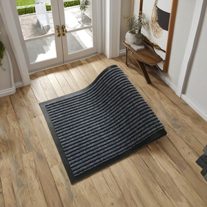Tapis d'entrée extérieur réversible moderne, lavable en machine, résistant aux taches, en polyester rayé, avec tufting en PVC côtelé, tissé, antidérapant pour - Product Image 1