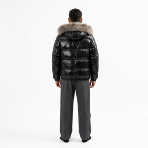 Chaqueta de plumón para hombre con capucha, transpirable, de forro polar, negra, rellena de plumón, abrigo informal de invierno, holgada, de color liso, con cremallera frontal y ribete de piel. - Product Image 6