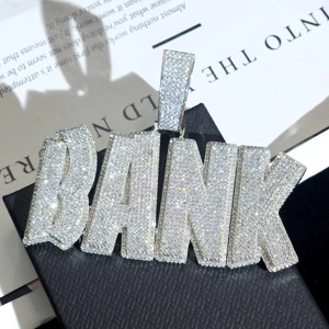 Collar con Colgante de Letra BANK Plateado en Plata, con Circonitas Cúbicas Engastadas, Cadena de Eslabones, Estilo Hiphop para Hombre, Uso Diario - Product Image 3