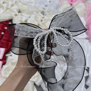 Organza <b>Bow</b> Hair Clip with Lace and Pearl Chains Elegant 18*27cm for Party Women from Vietnam - Product Image 2