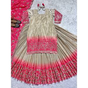 Beau haut de travail brodé à plusieurs aiguilles Lehenga et Dupatta pour vêtements de mariage - Product Image 3