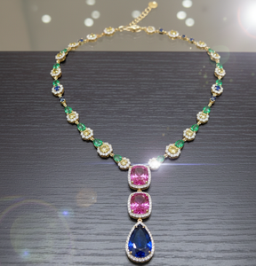 Collier élégant pour femme en argent sterling 925 plaqué or 18 carats avec pierre rose et zircon cubique, coupe poire bleue hydro - Product Image 2