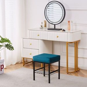 Modern 13\" X 13\" X 16\" Velvet Vanity Footstool Ottoman with Soft Padded Seat and Anti-Slip Metal Legs - Product Image 3