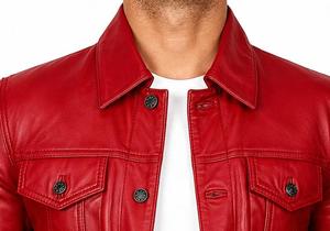 Unisex <b>Red</b> Genuine <b>Leather</b> <b>Jacket</b> Stand Collar Single Breasted Casual Slim Fit Winter Regular Sleeve Solid Color Front Windproof - Product Image 3