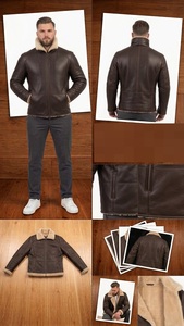Men's Real <b>Sheepskin</b> Leather Vintage Style Breathable Eco-Friendly Winter Bomber <b>Jacket</b> with Fake Fur Lining - Product Image 4