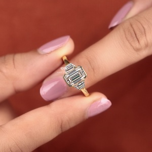 Emerald Cut Lab Grown Diamond Engagement Ring Tapered Baguette Side Stones Bezel Set Three Stone Ring 14K 18K Gold <b>Bridal</b> Ring - Product Image 4