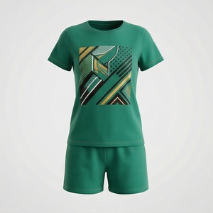 Conjunto Deportivo de 2 Piezas para Mujer con Estampado Geométrico Verde, Camiseta de Manga Corta y Pantalones Cortos por Encima de la Rodilla, Tejido de Secado Rápido - Product Image 1