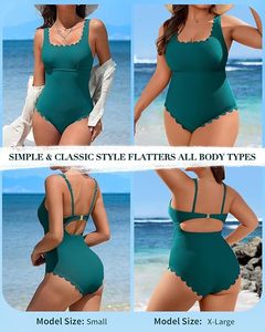Wholesale Women's Ribbed One Piece Swimwear Square Neck Cutout Back Scalloped <b>Bathing</b> Suit Custom Logo OEM - Product Image 5
