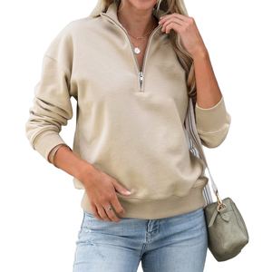 Sweat-shirt à col zippé pour femme, couleur unie, style streetwear décontracté, épaules tombantes, respirant, écologique, pas cher - Product Image 5