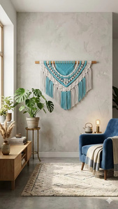 Décoration murale vintage en macramé de coton, tapisserie bleue et blanche à franges, art mural pour chambre à coucher et salon - Product Image 2