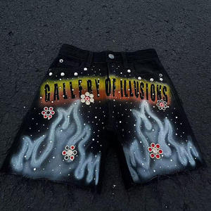 Shorts en jean rétro vintage ornés de strass, coupe ample, taille haute, longueur genou, effet délavé soleil, style streetwear pour homme - Product Image 1