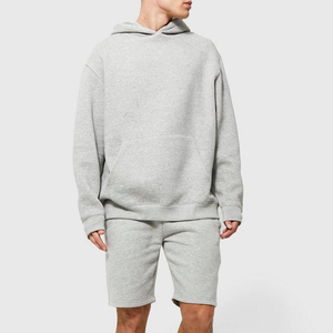 Ensemble de survêtement gris en coton à capuche pour homme, couleur unie, manches longues, coupe ample, short décontracté, respirant, idéal pour le printemps - Product Image 4