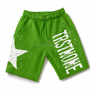Shorts Bermuda en coton gris pour homme avec imprimé étoiles et texte, taille à cordon de serrage, style décontracté - Product Image 3